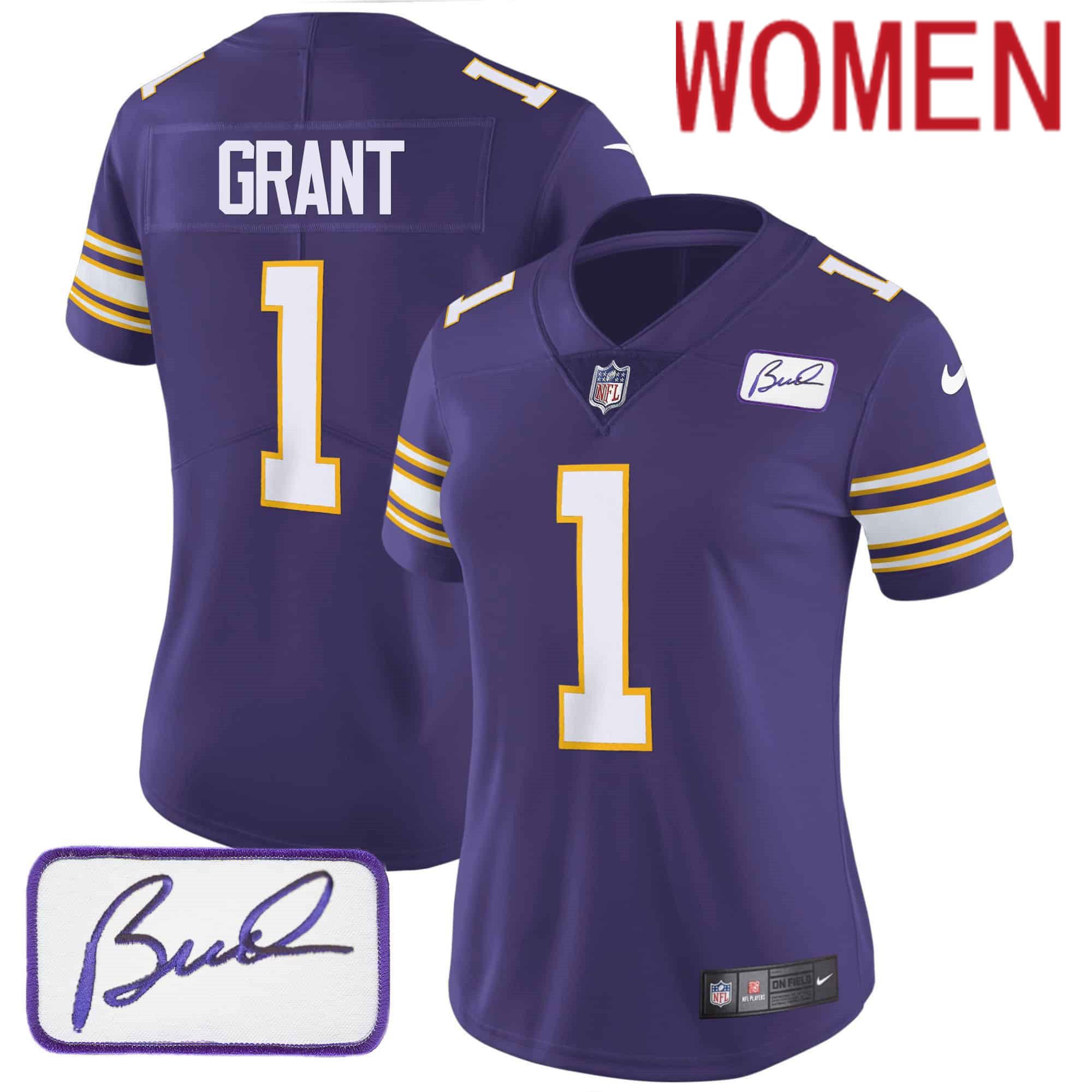 Women Minnesota Vikings #1 Grant Purple 2024 Nike Bud Grant Patch Classic Limited NFL Jersey style 1